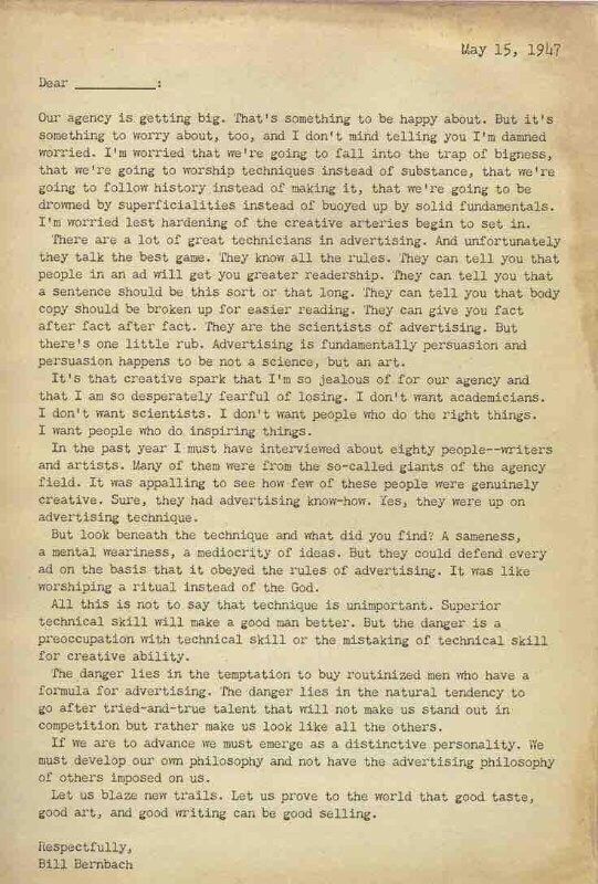 Bill Bernbach's resignation letter, 1947
